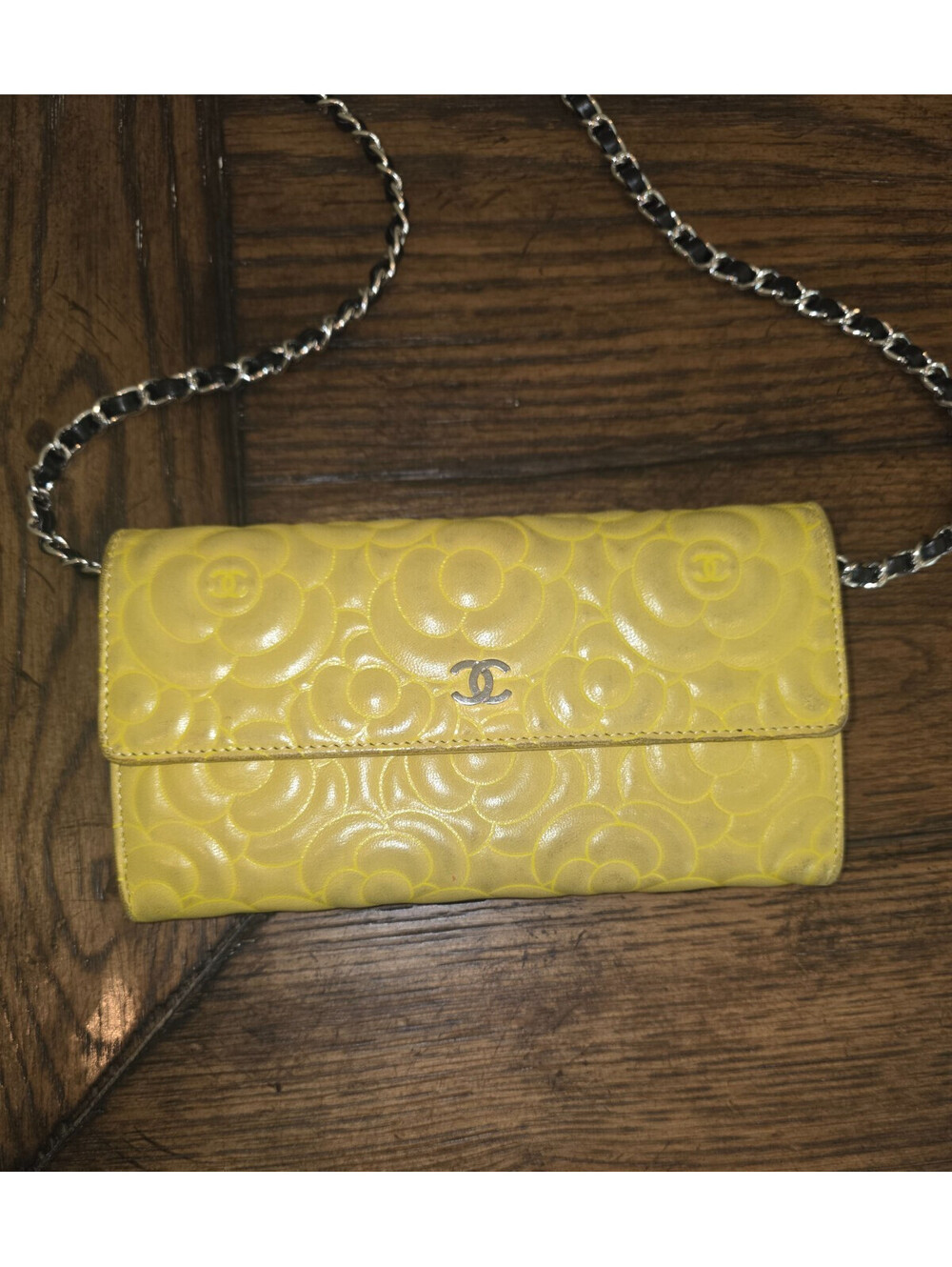 Authentic Chanel Camellia Embossed Yellow Lambskin w Chain